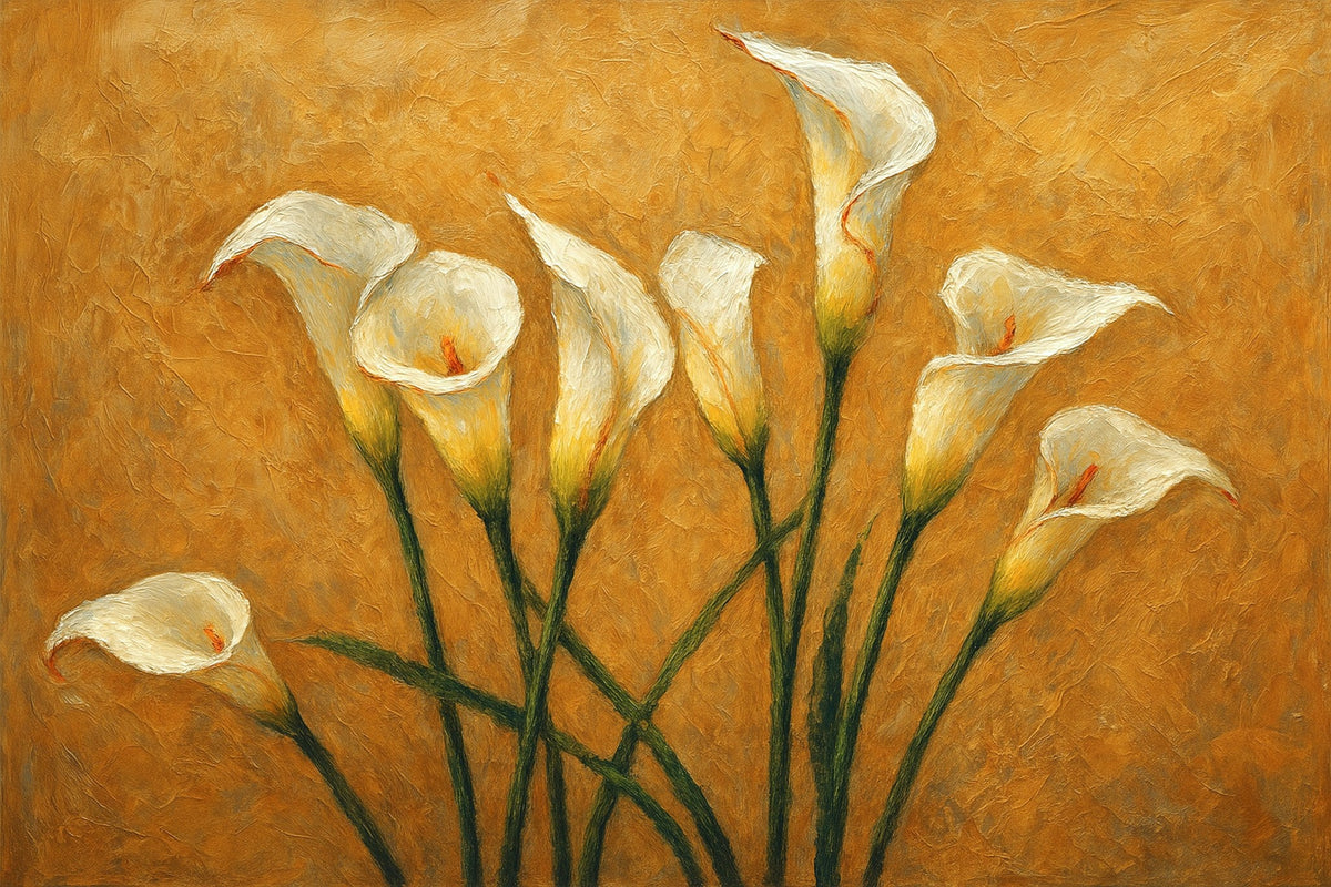 Cuadro ocre de Flores con calas - la obra