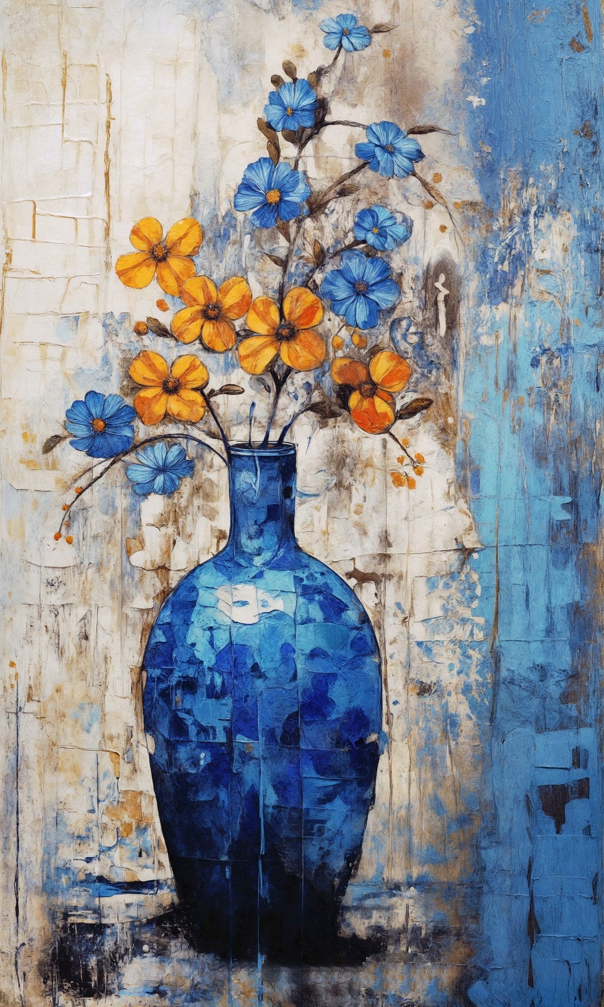 Cuadro de Flores en naranja sobre azul - la obra