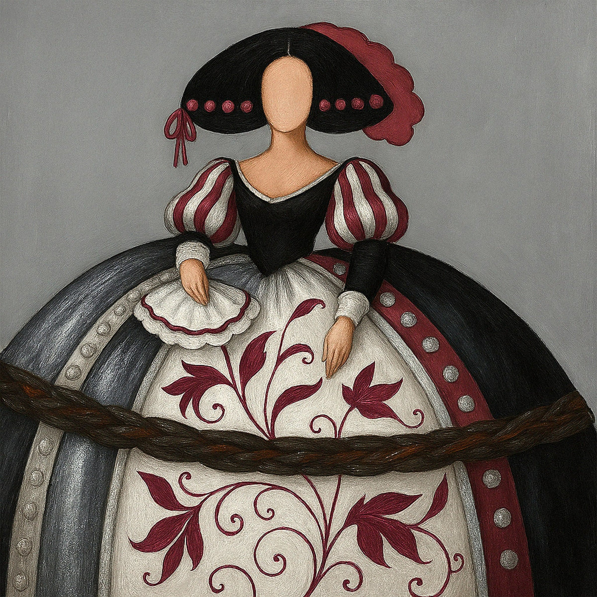 Menina moderna en gris, blanco y carmín - la obra