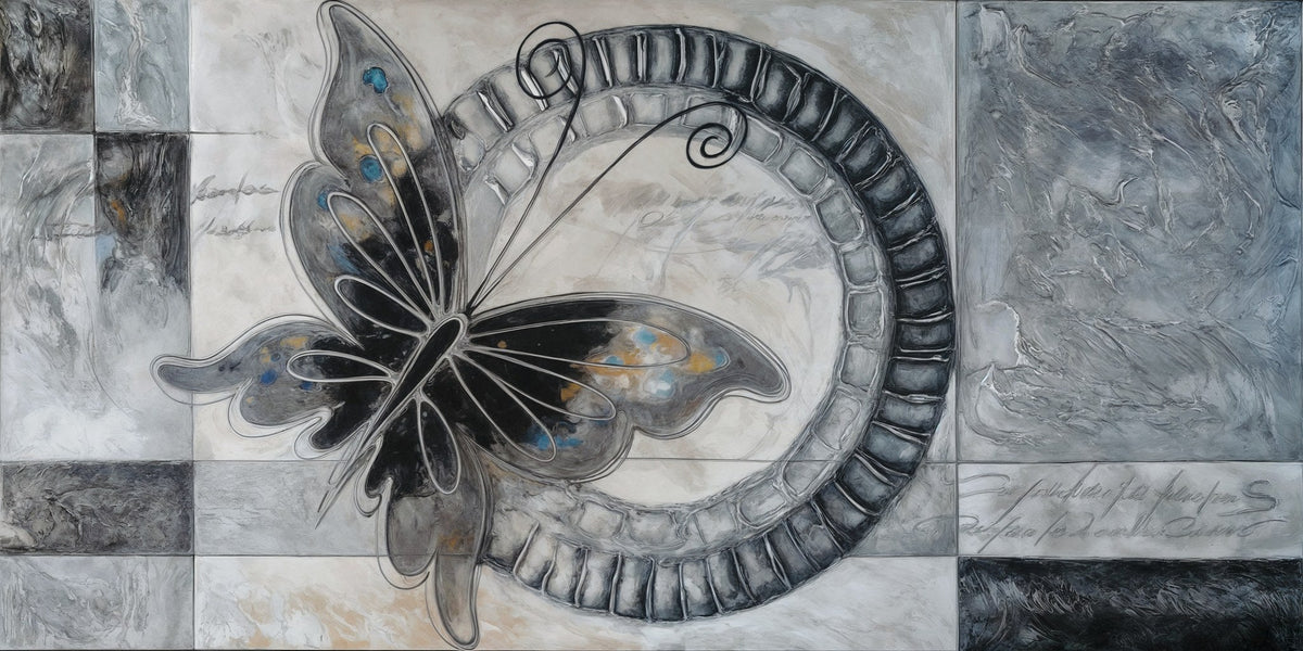 Mariposa con círculo abstracto en grises - la obra