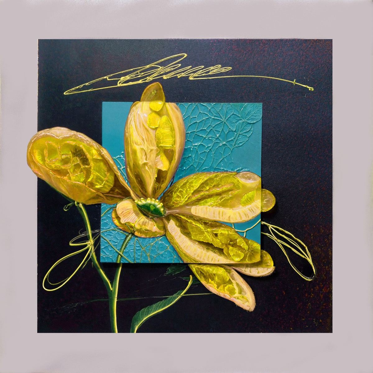 Cuadro Moderno Flor Amarilla y Turquesa - la obra