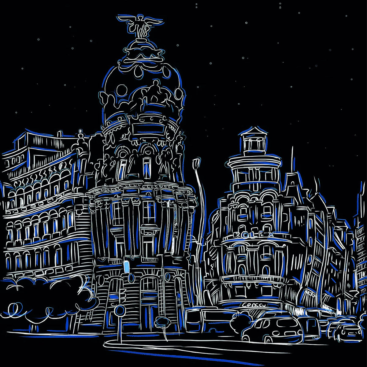 Edificio Metropolis Madrid negro, blanco y azul - la obra