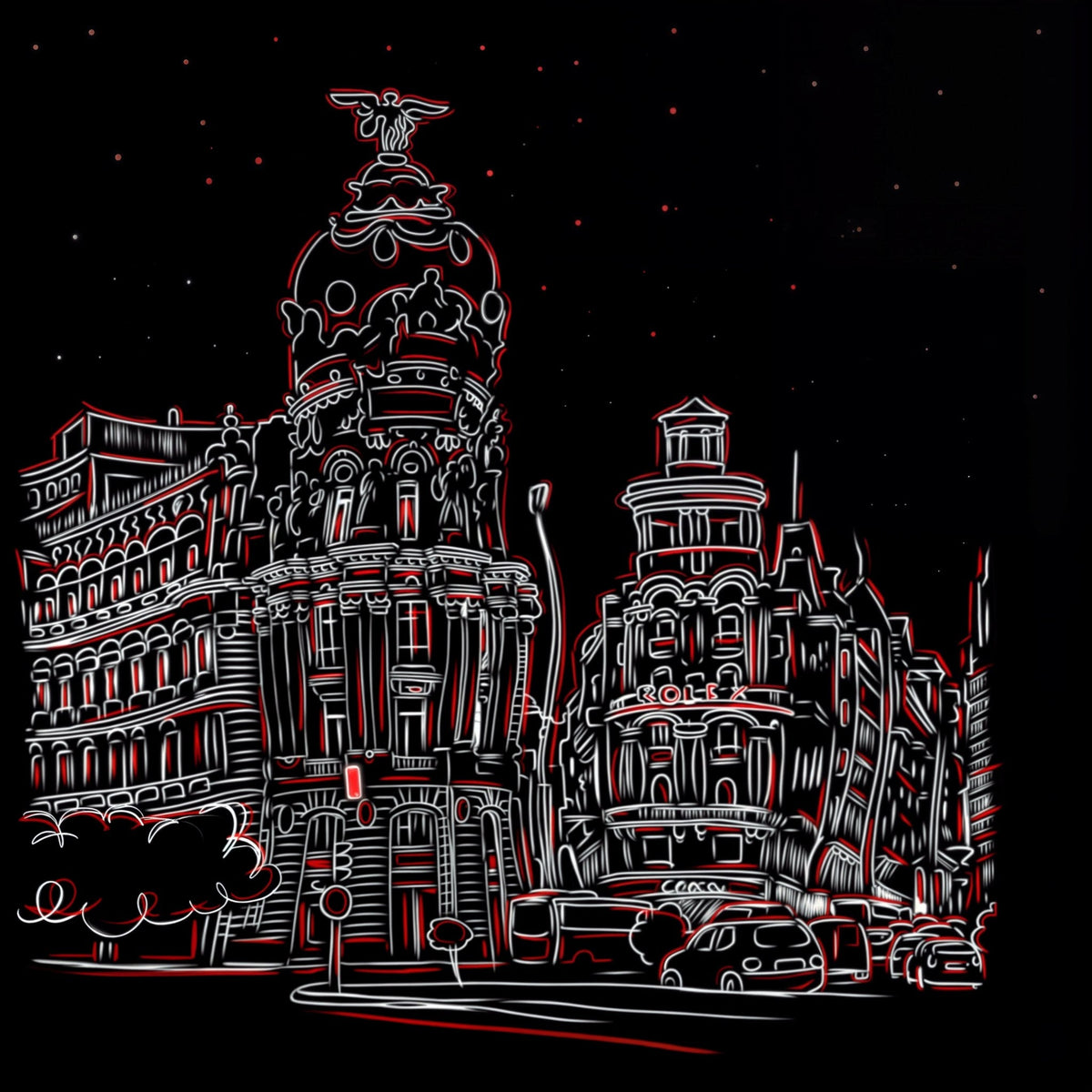 Edificio Metropolis Madrid negro, blanco y rojo - la obra