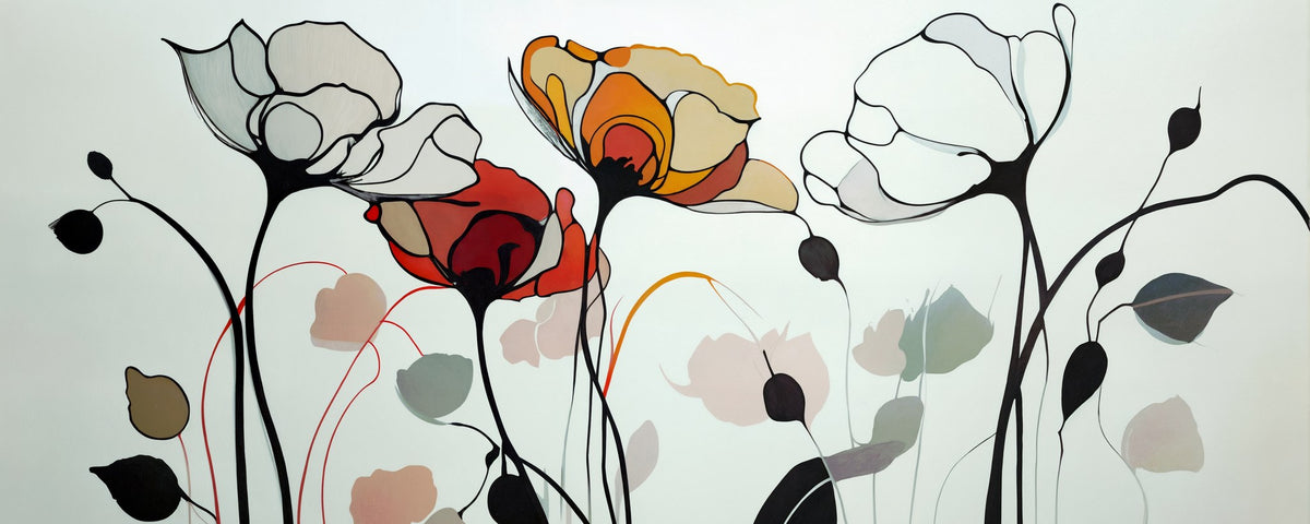 Cuadro de Flores y grafismo en blanco - la obra