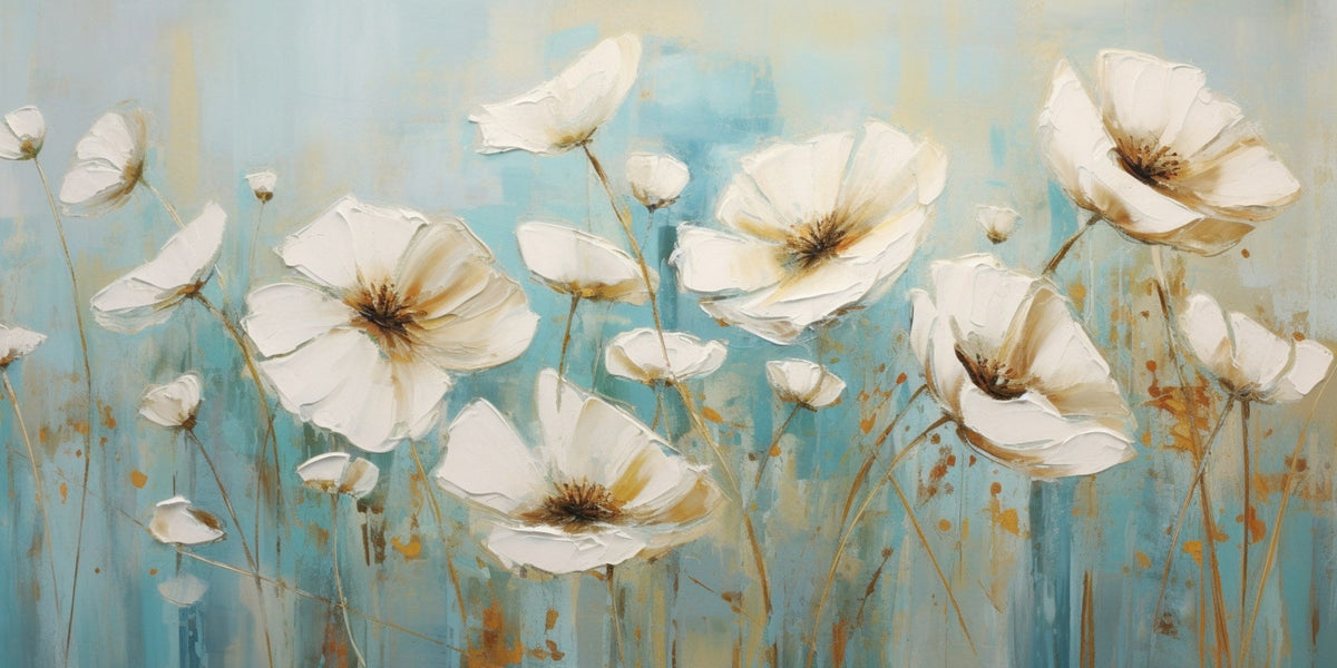Cuadro de Flores blancas en fondo turquesa - la obra