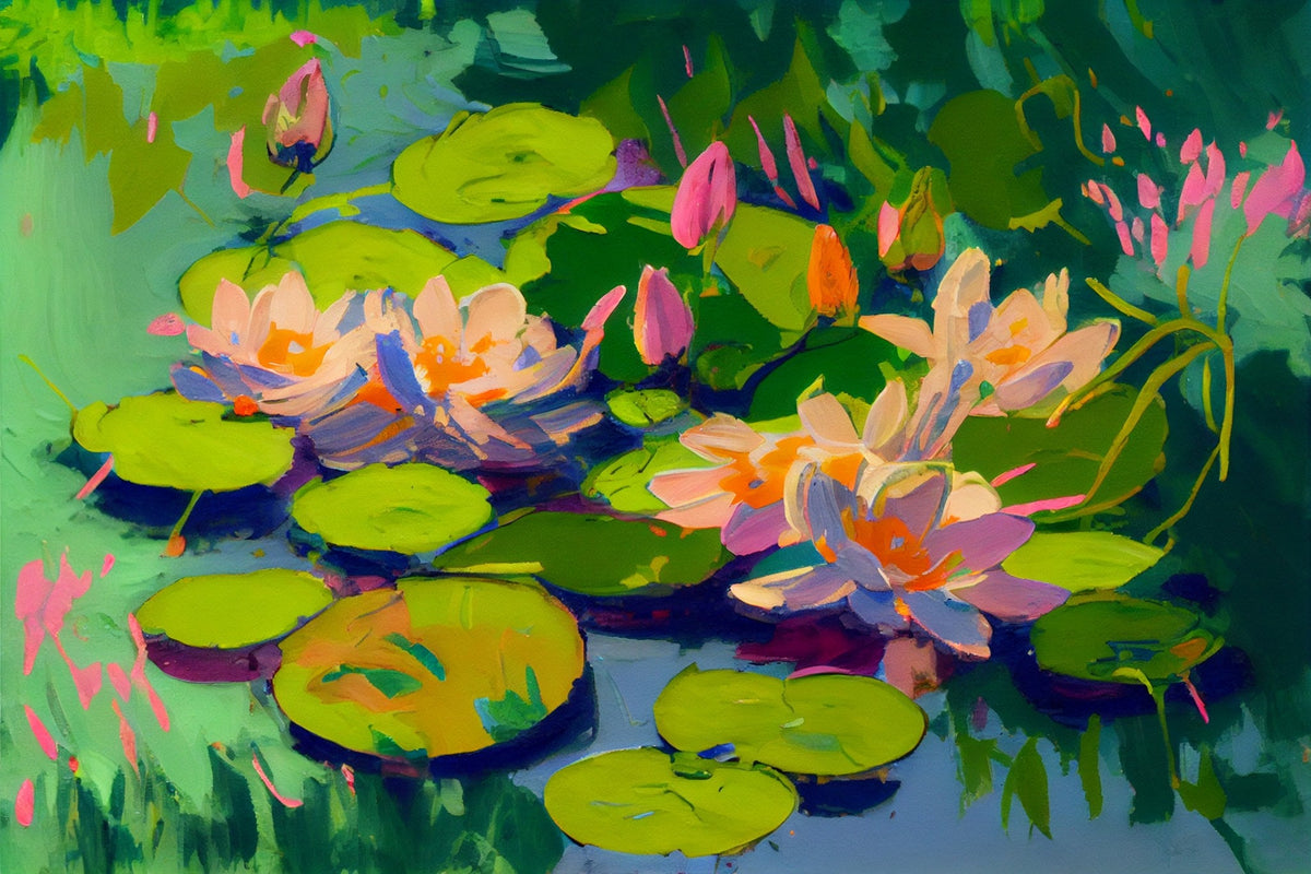 Cuadro Flores rosas ninfeas sobre el agua - la obra