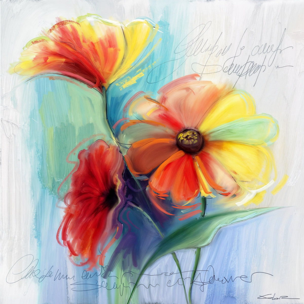 Cuadro con Flores coloridas y grafismo - la obra