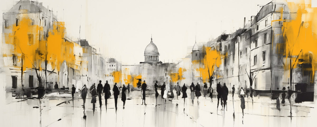 Cuadro de figuras caminando en amarillo - la obra