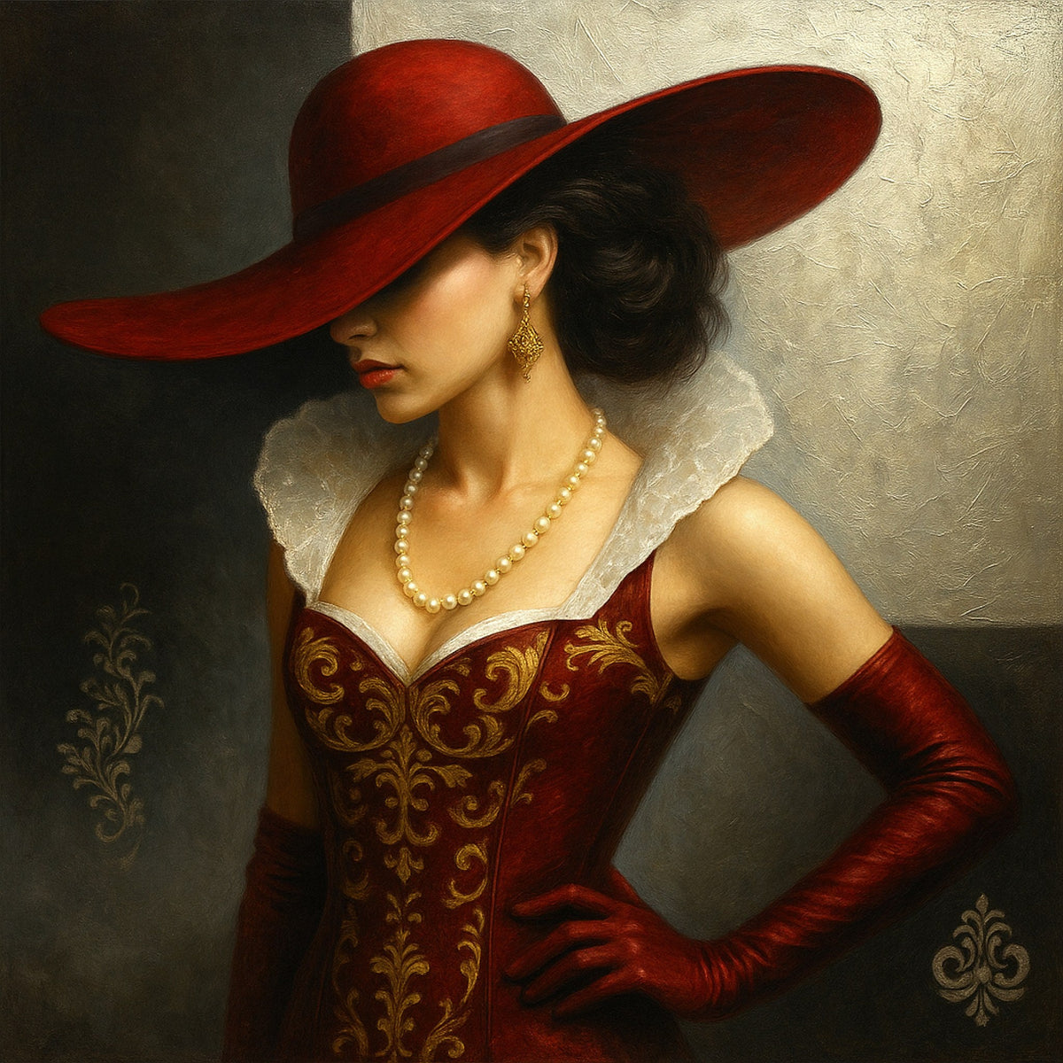 Cuadro dama gris y rojo con sombrero - la obra