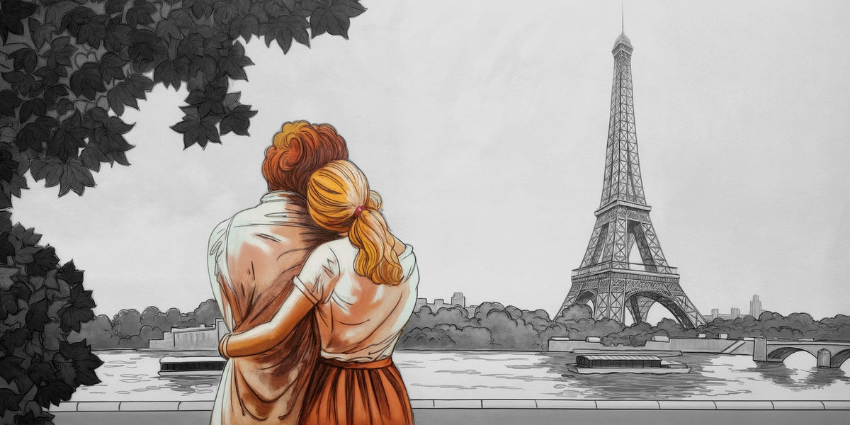 Pareja abrazada mirando Torre Eiffel - la obra
