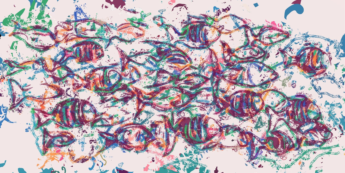 Cuadro abstracto de Peces azules - la obra