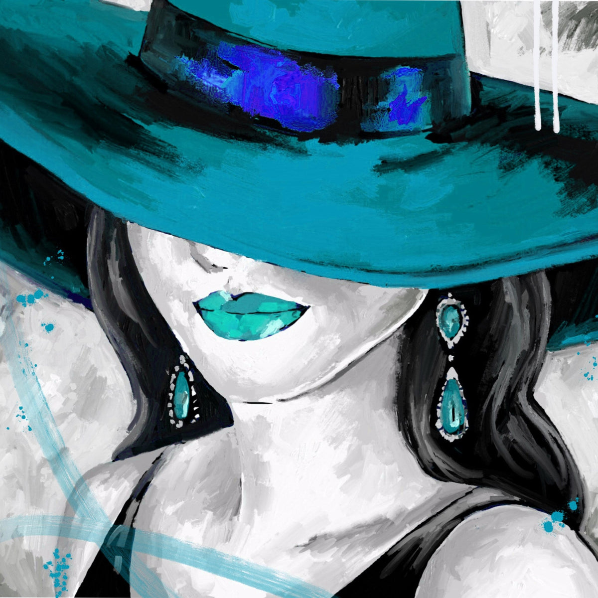 Cuadro Dama sombrero y labios turquesa - la obra