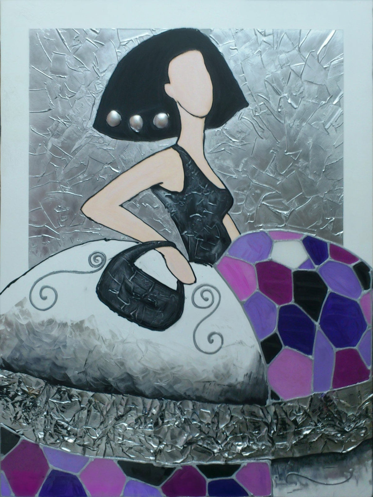 Cuadro de menina con texturas y bolso - la obra