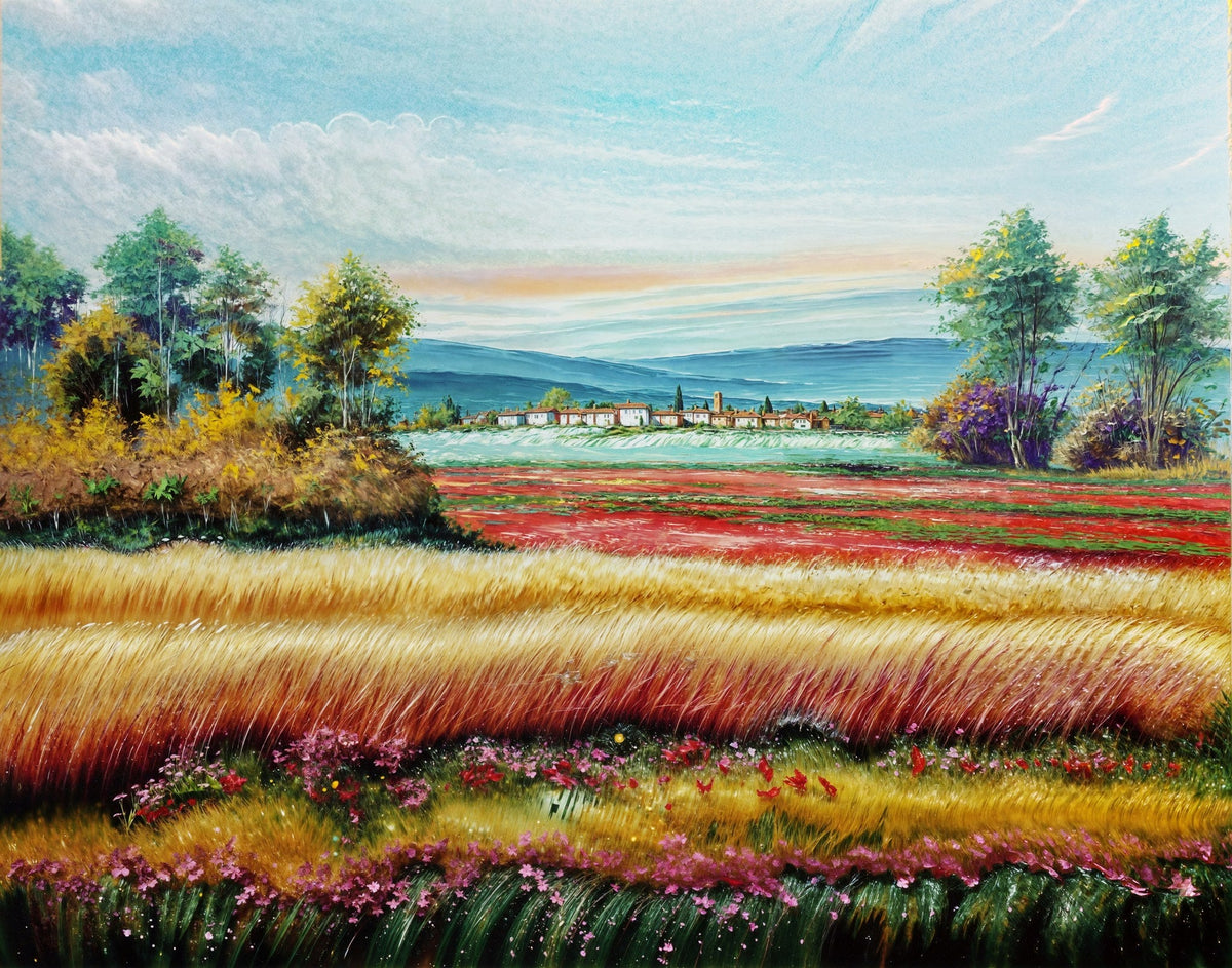 Cuadro de paisaje trigal y flores rojas - la obra