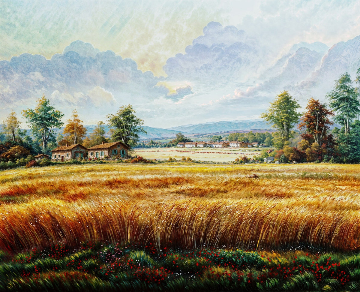Cuadro Paisaje rural trigal y casitas - la obra