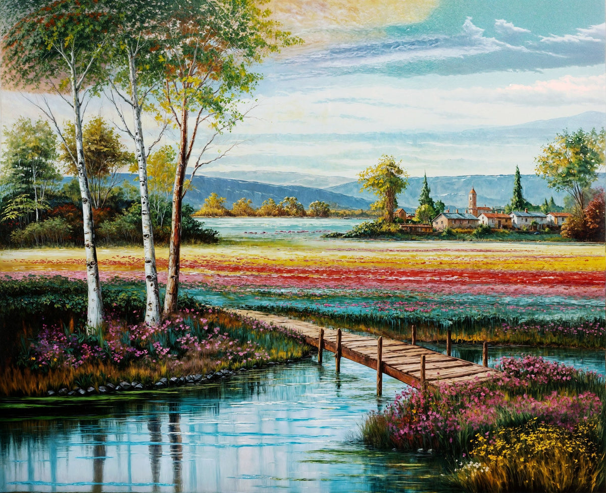 Paisaje campestre con río y pueblo blanco - la obra