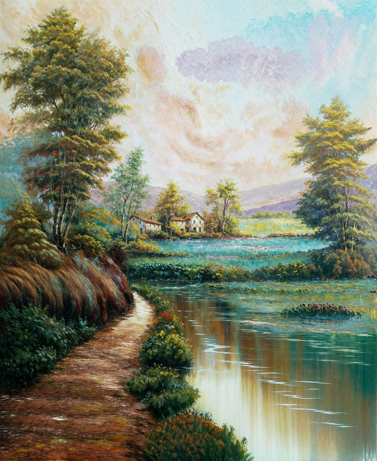 Cuadro de Paisaje clásico río y casas - la obra