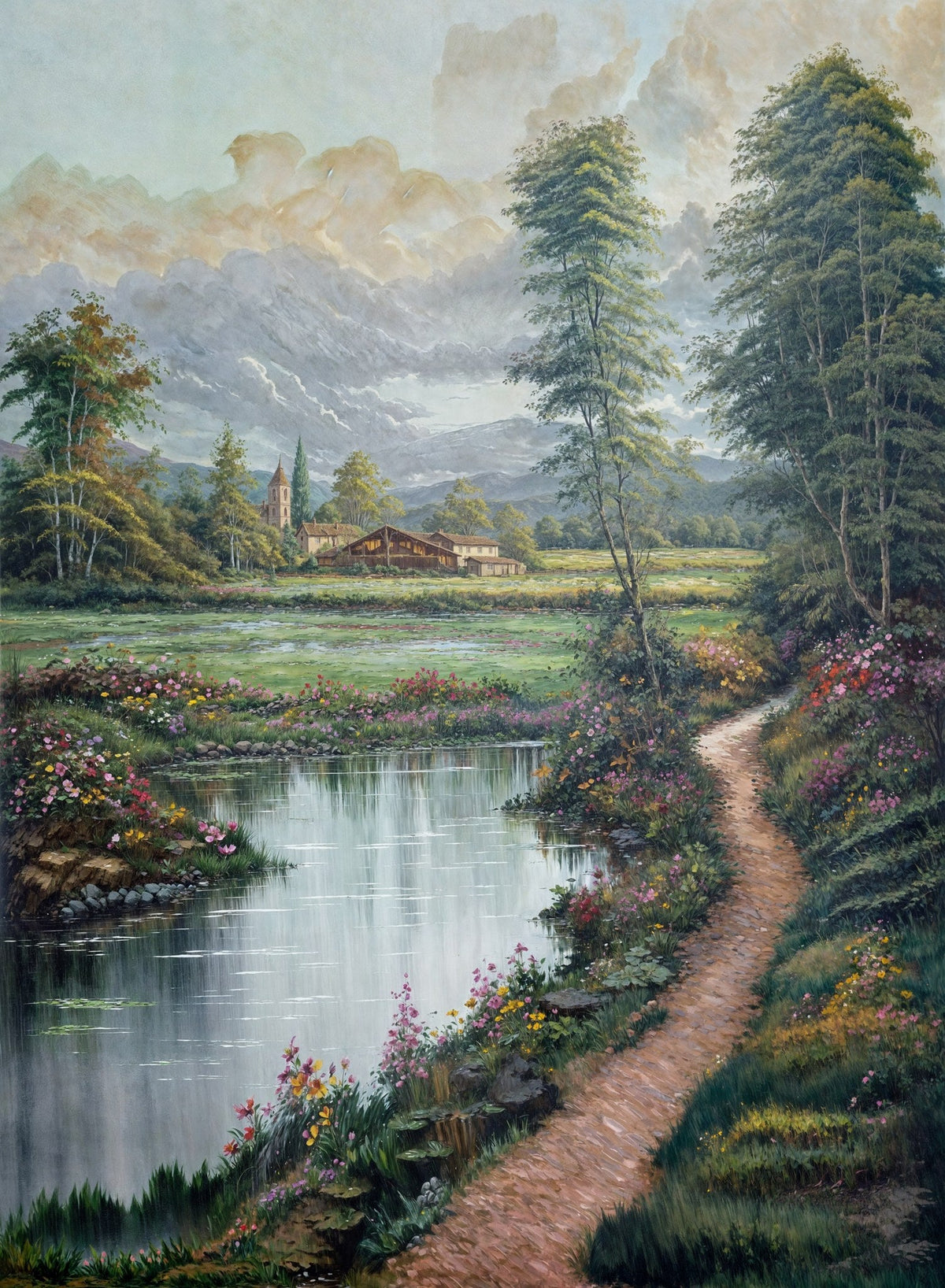Cuadro Paisaje campestre y río - la obra
