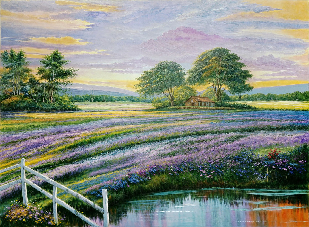 Cuadro de Paisaje con lavanda y lago - la obra