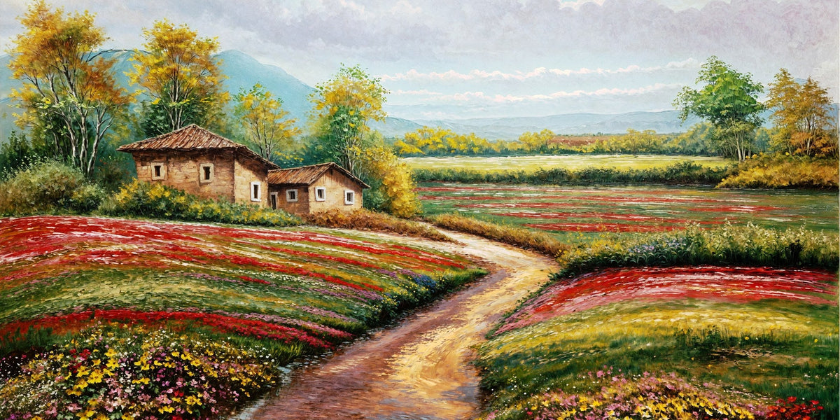 Cuadro de Paisaje casas y amapolas - la obra