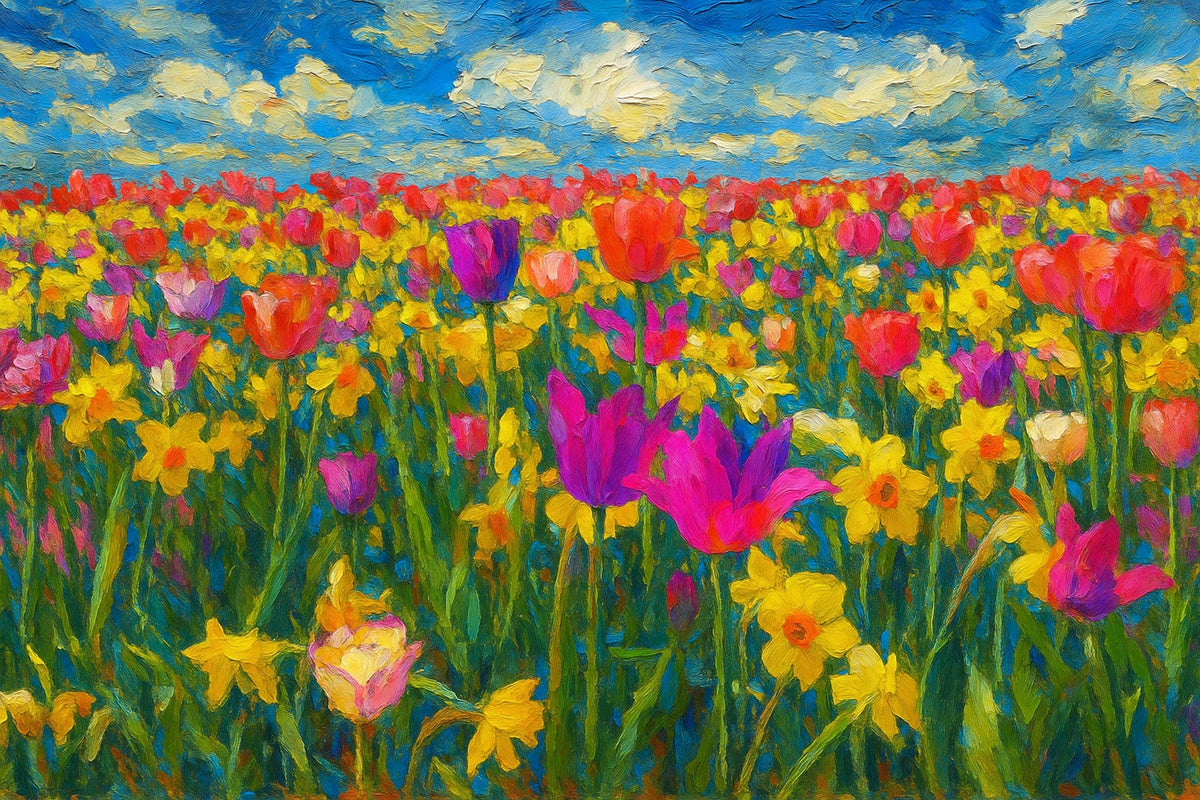 Cuadro de paisaje con flores variadas - la obra