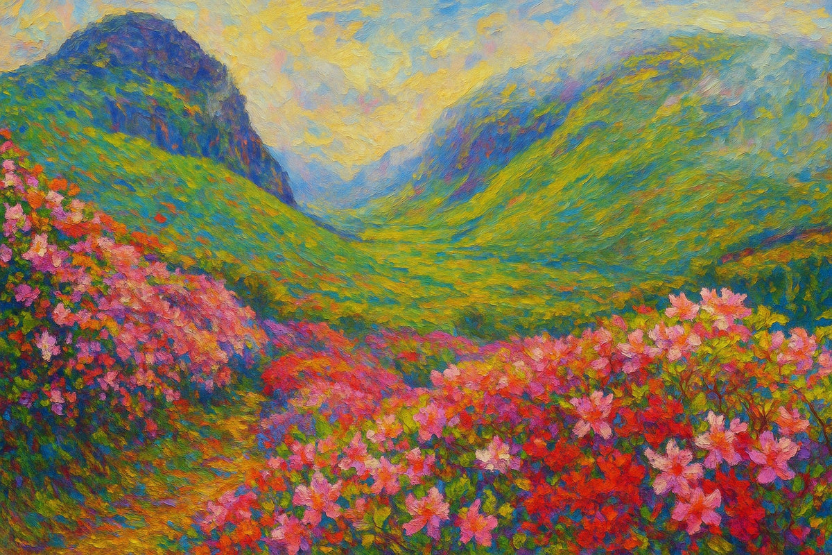 Cuadro de paisaje verde y flores - la obra