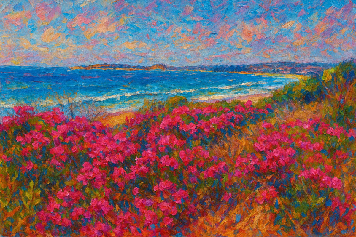 Cuadro de paisaje de Playa con flores - la obra