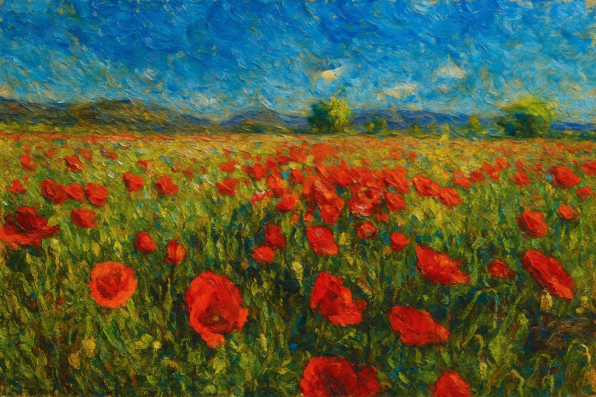 Cuadro Paisaje con amapolas rojo y verde - la obra