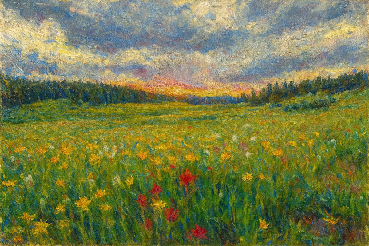 Cuadro de paisaje verde y flores - la obra