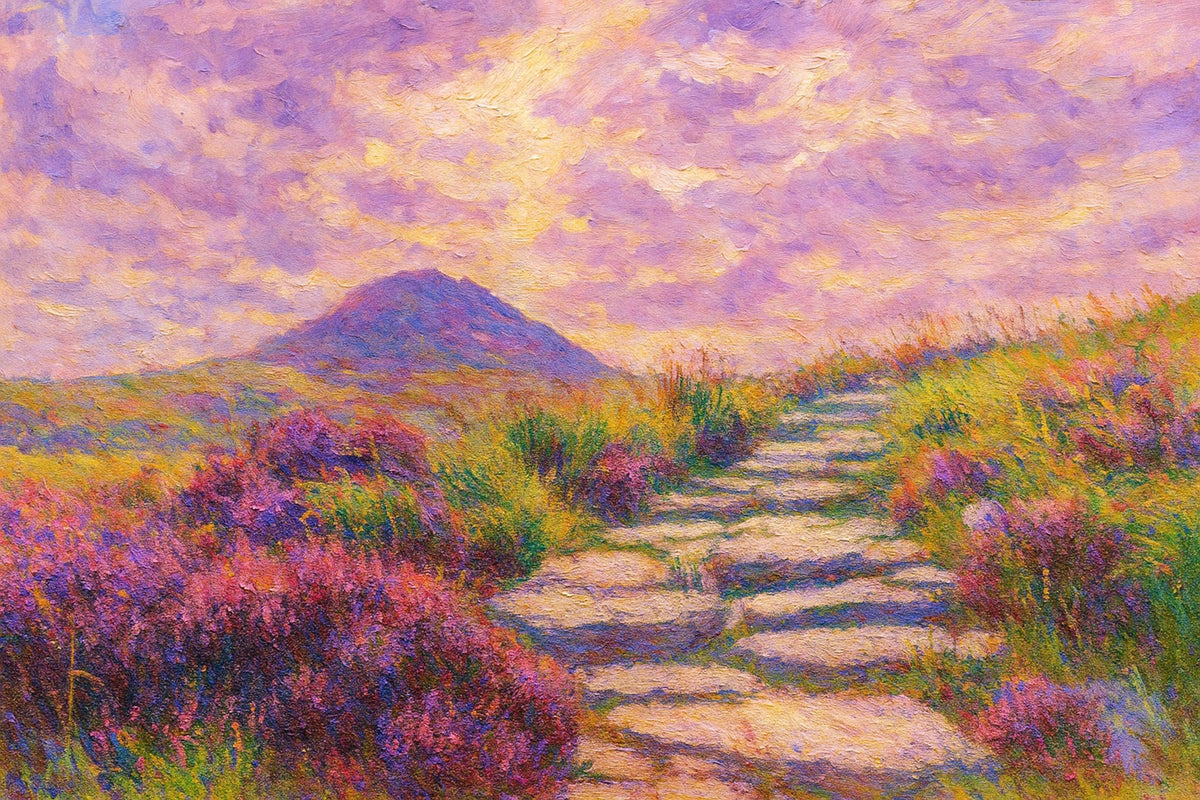 Cuadro Paisaje camino y flores rosas - la obra