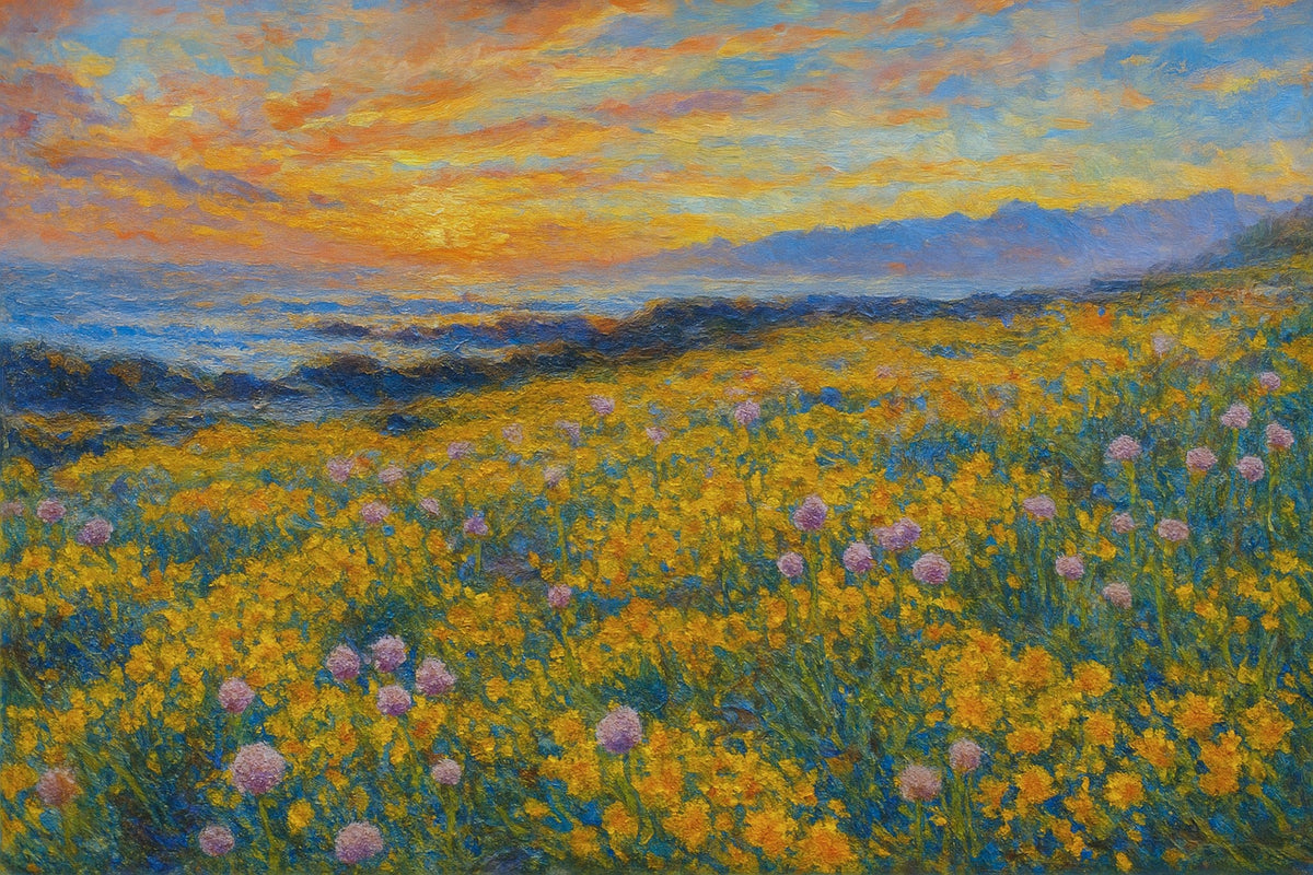 Cuadro de marina con flores amarillas - la obra