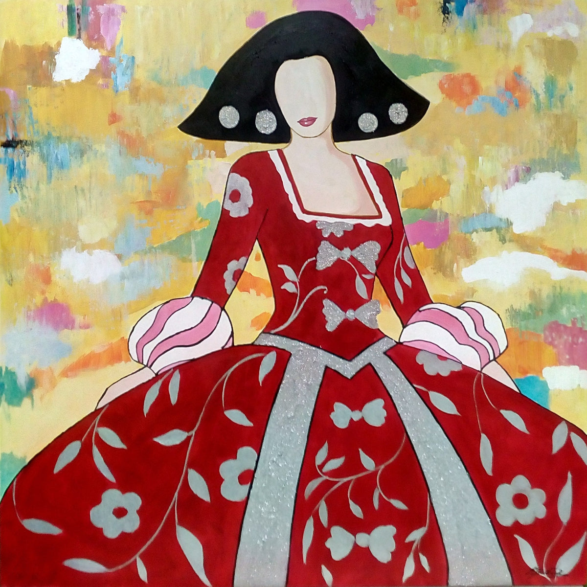 Cuadro de menina tonos rojo y grises - la obra