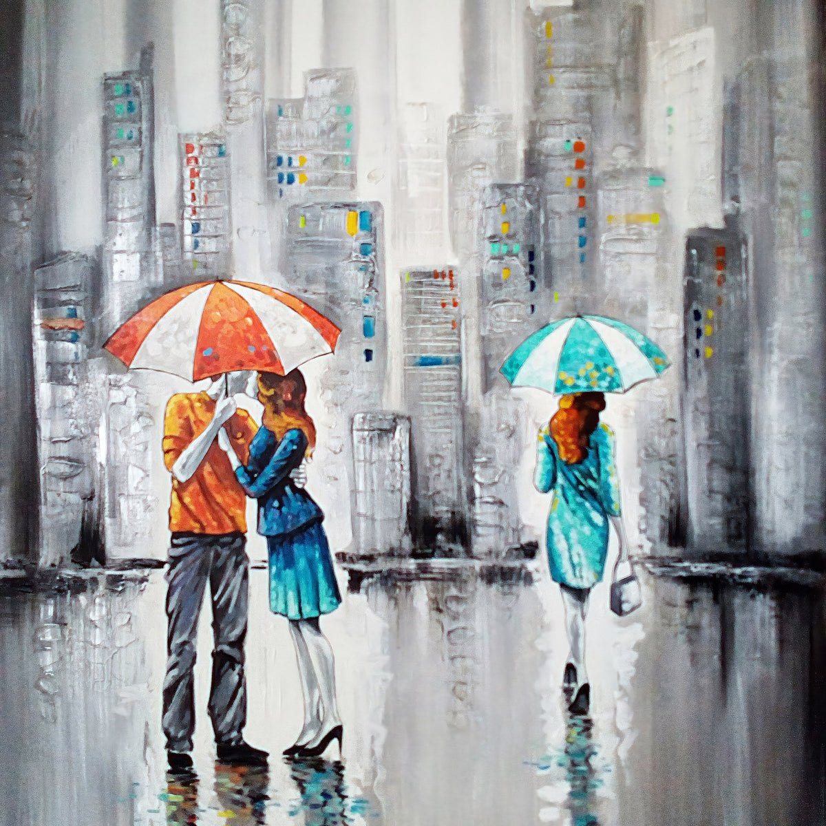 Cuadro pareja bajo la lluvia con paraguas - la obra