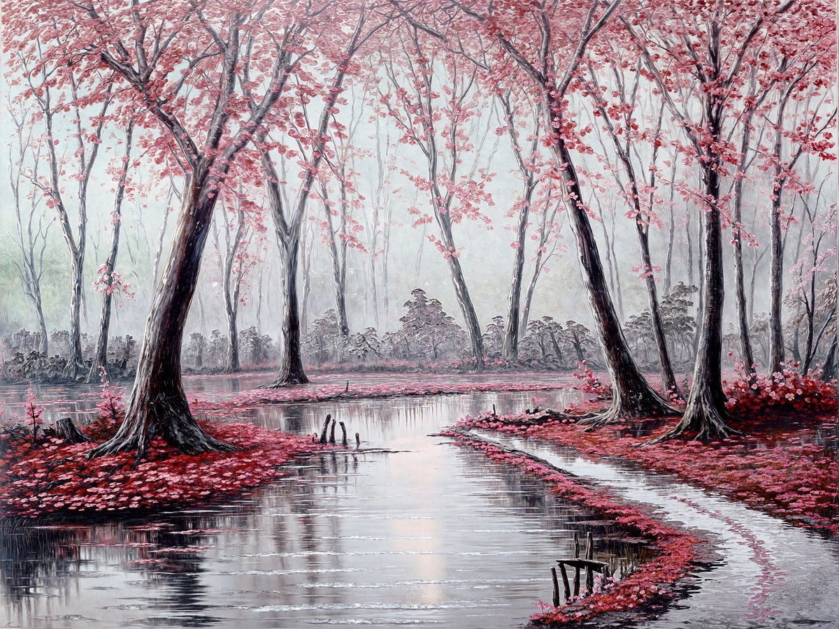 Cuadro de paisaje árboles rosas y río - la obra