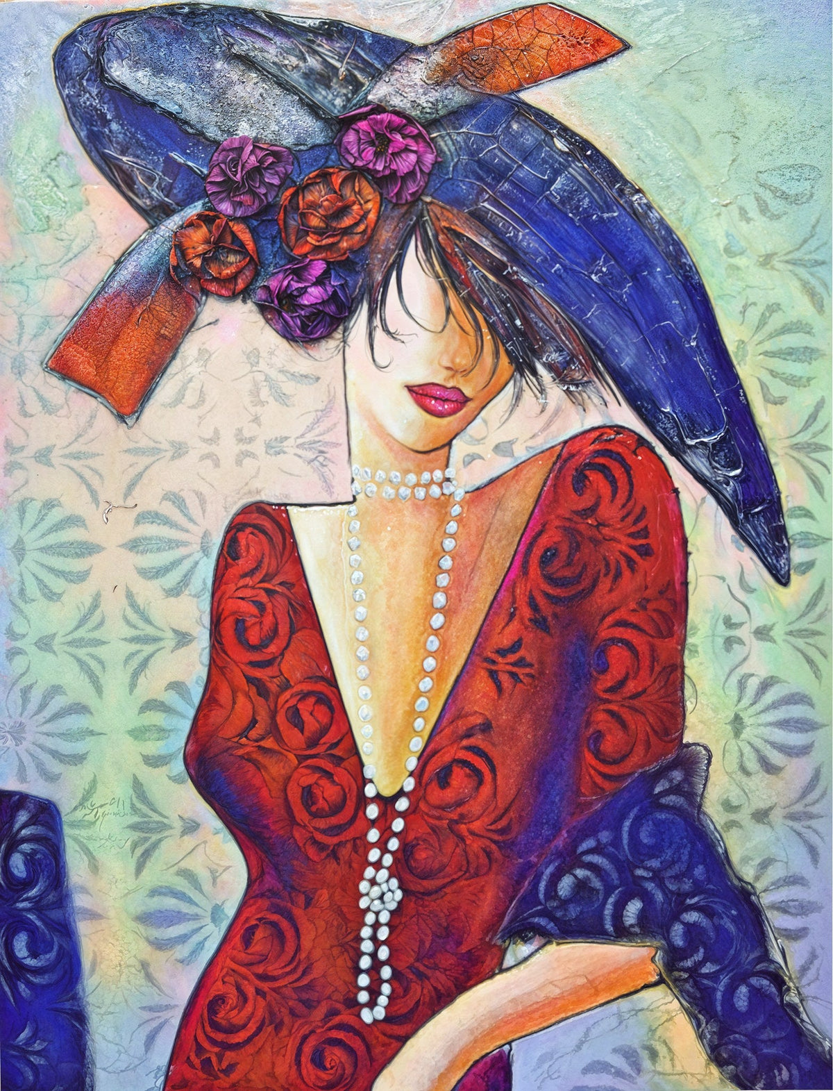 Cuadro dama en rojo con sombrero - la obra