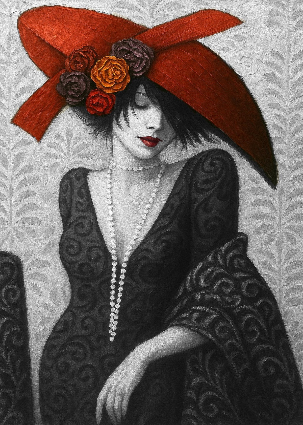 Cuadro mujer con sombrero rojo en grises - la obra