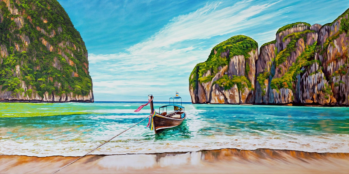 Playa thailandesa con barca típica - la obra