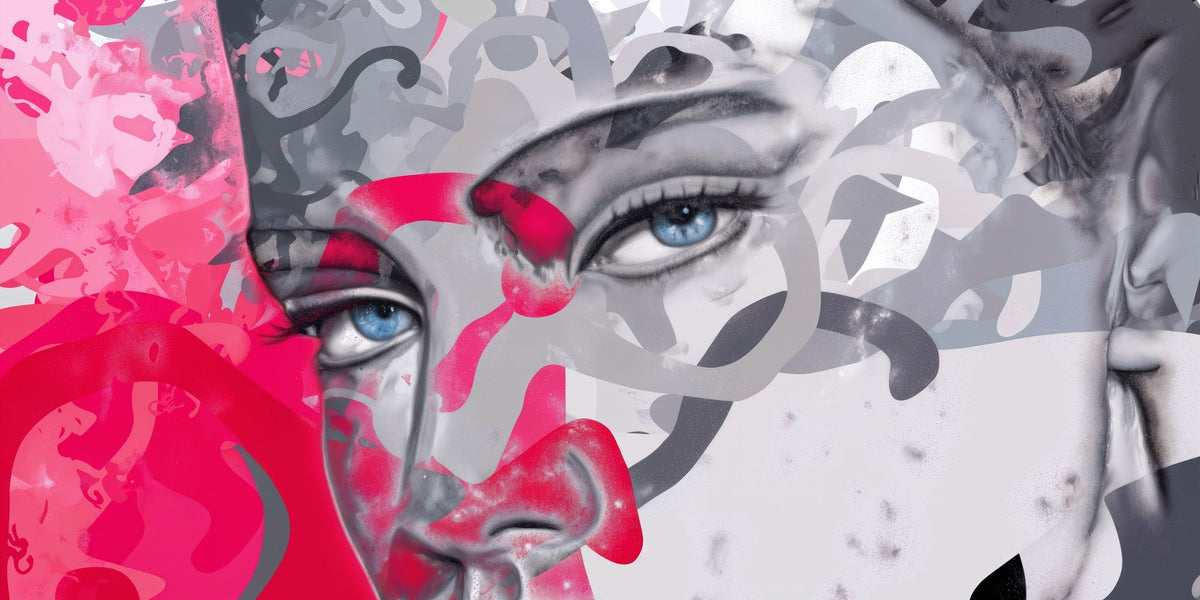 Ojos azules sobre magenta, rojo y grises - la obra