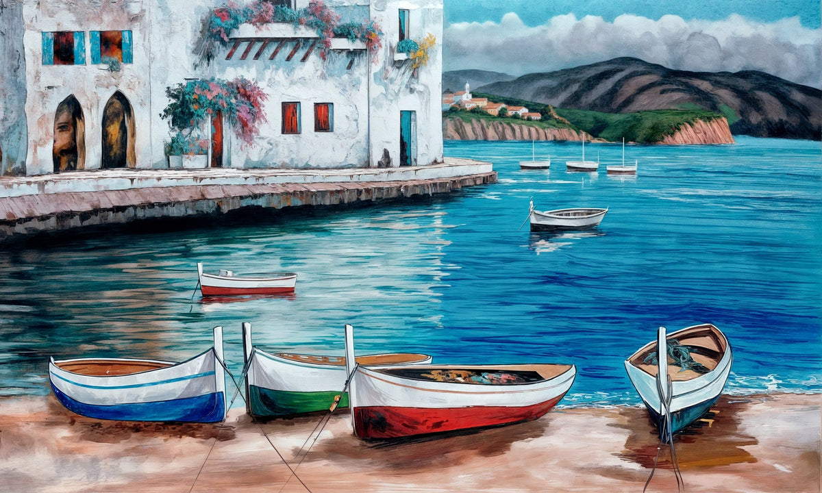 Cuadro de pueblo marinero con barcas - la obra