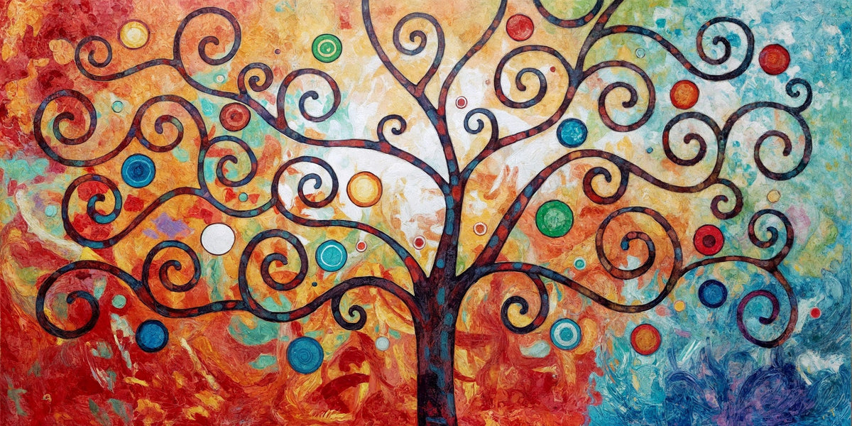 Cuadro del árbol de la vida rojo azul y naranja - la obra