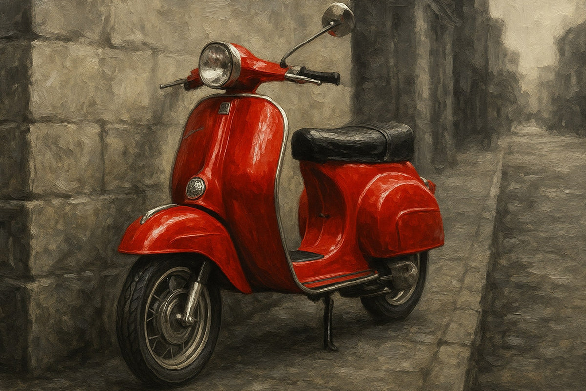 Cuadro de Vespa en rojo sobre blanco y negro - la obra