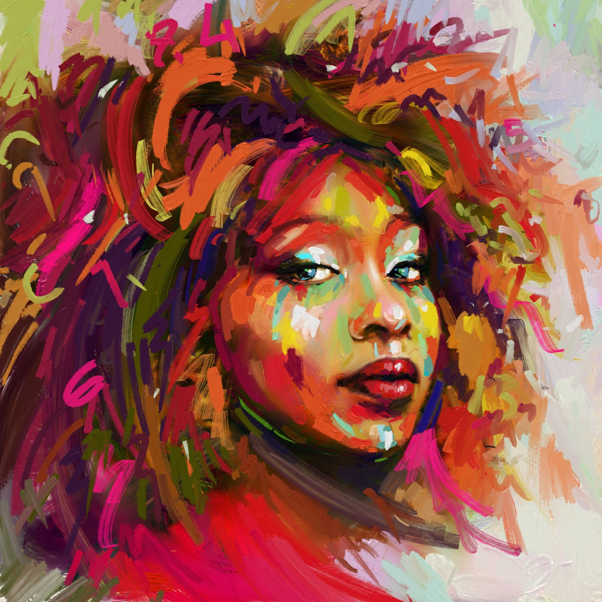 Cara de mujer colorido con pelo rizado - la obra