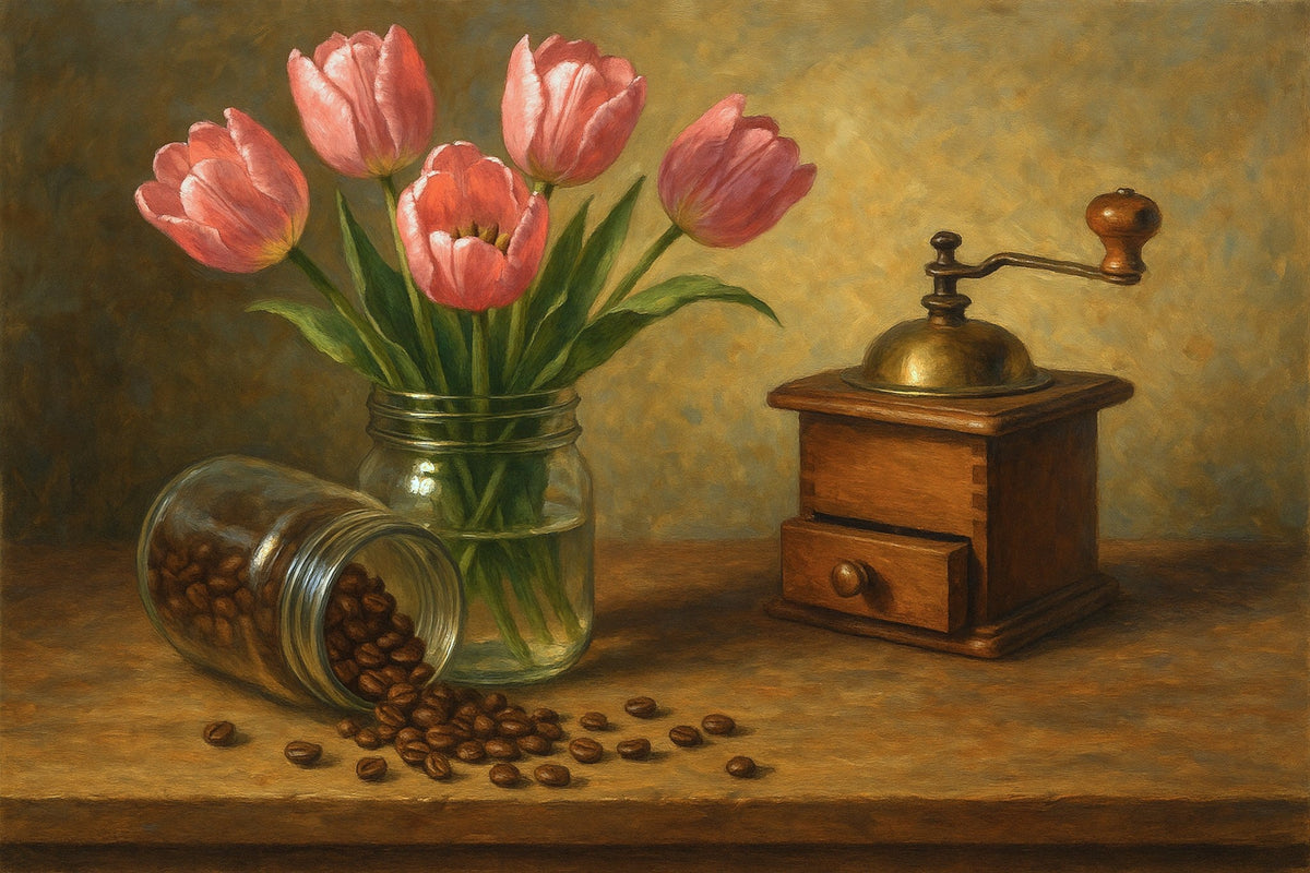 Cuadro Bodegón de café con flores - la obra