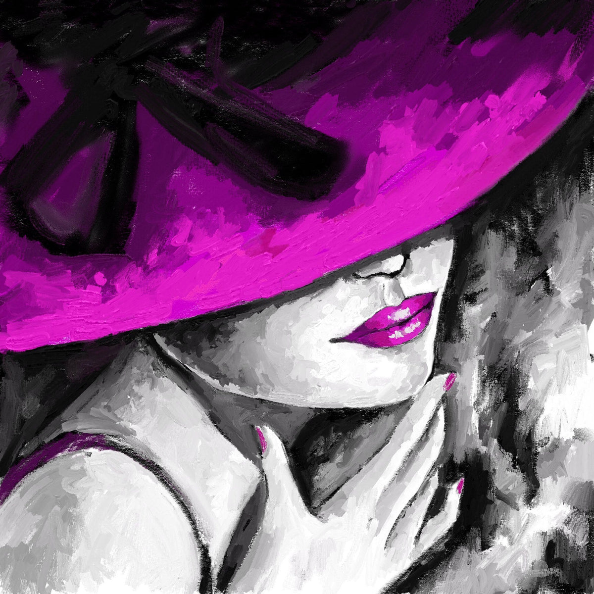 Cuadro de mujer con sombrero magenta - la obra