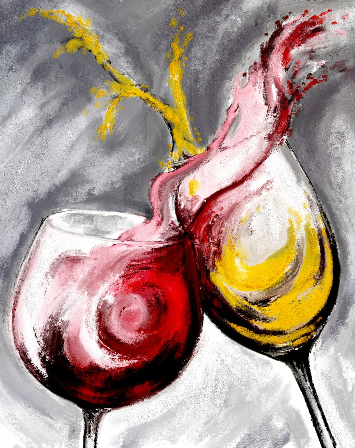 Cuadro de copas rojo y amarillo brindando - la obra