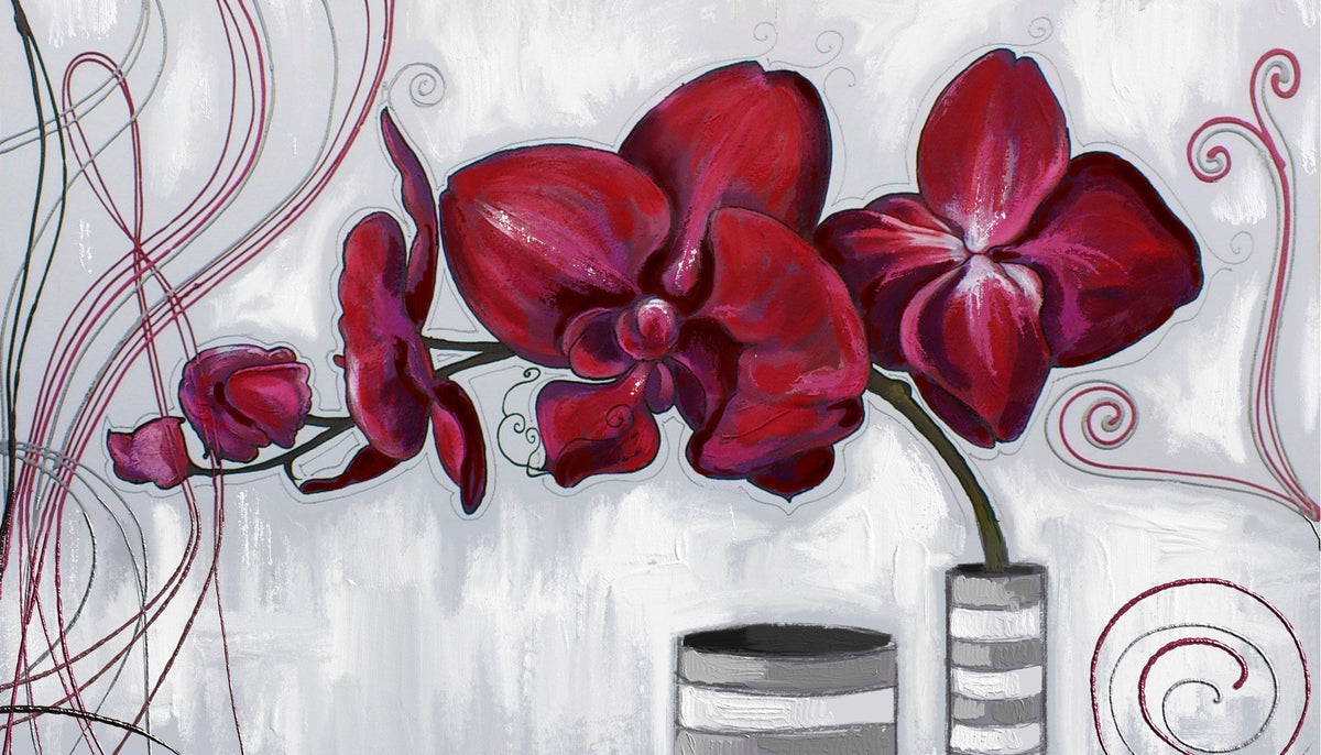 Cuadro pintado de flores rojas y jarrones - la obra