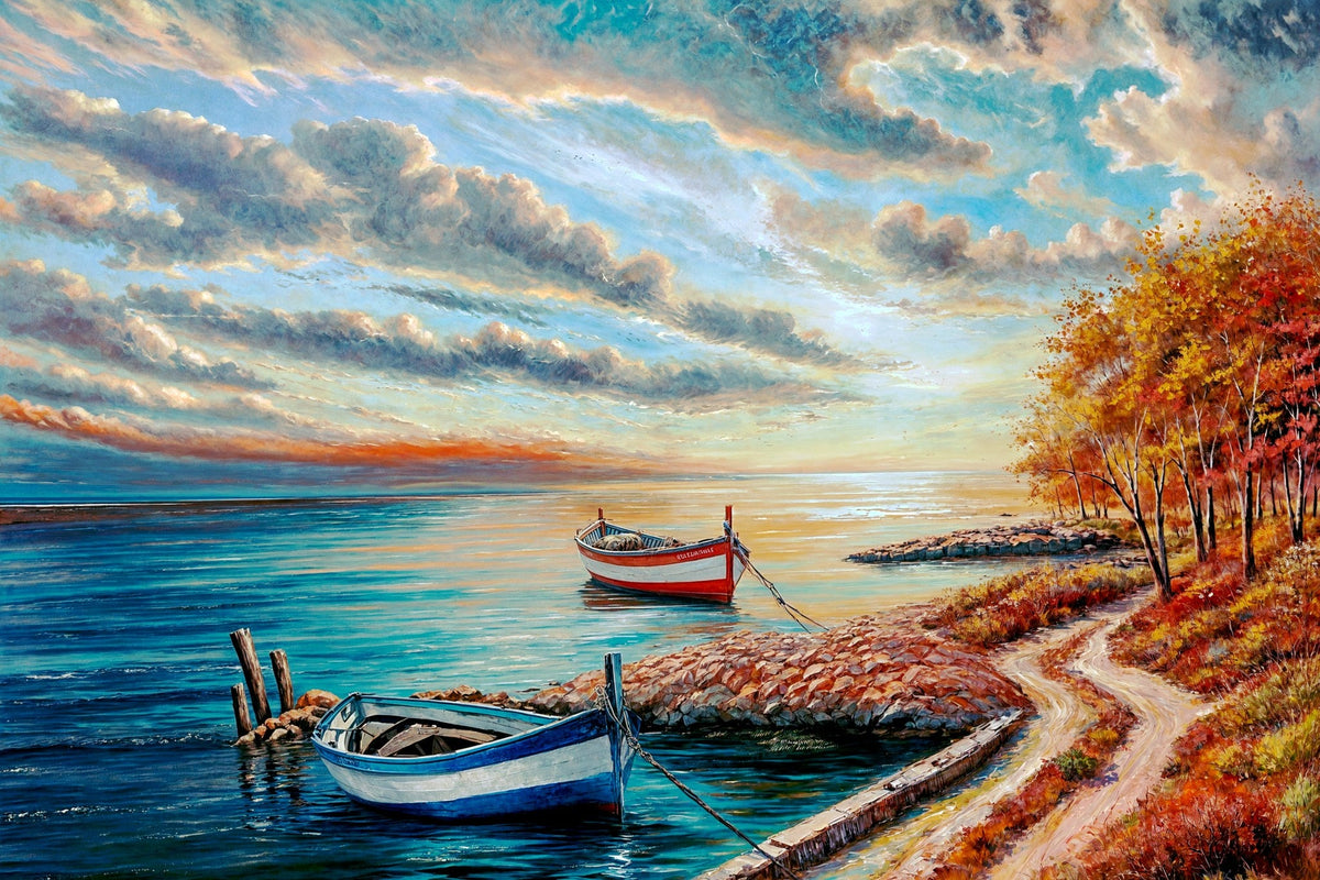 Cuadro de marina atardecer con barcas - la obra