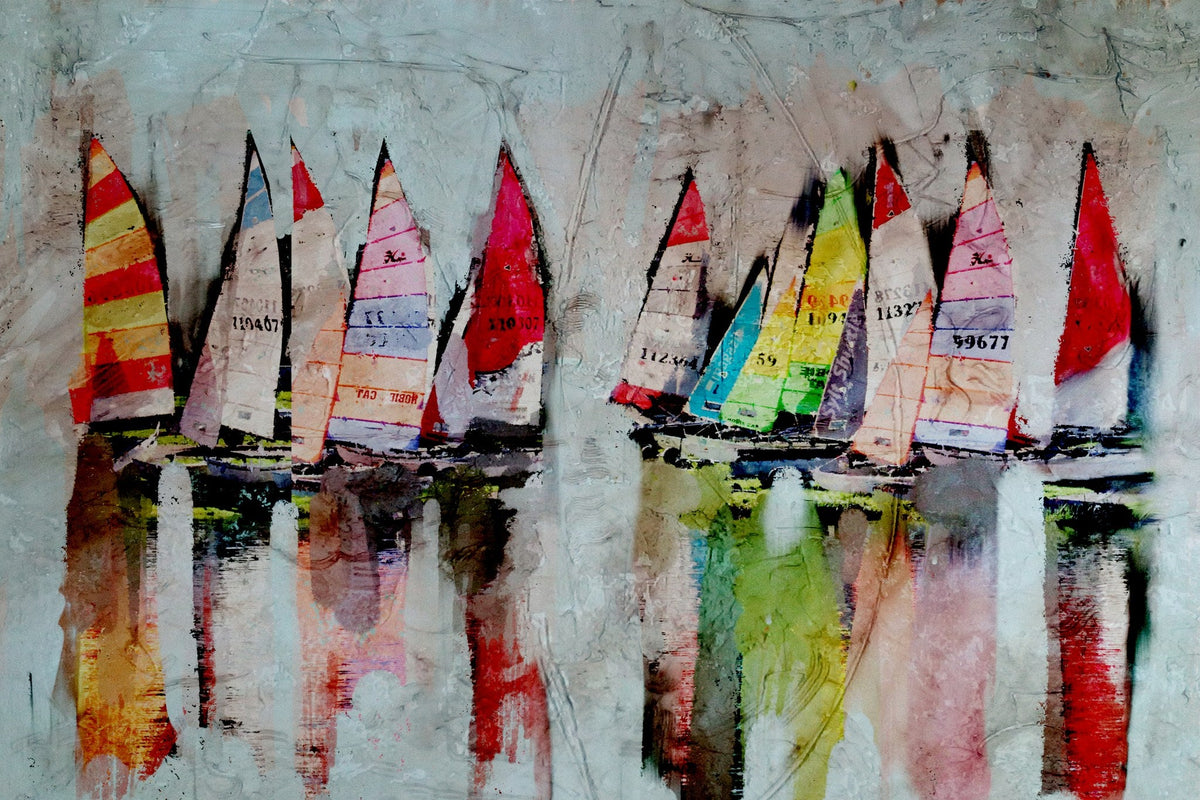Cuadro de marina con veleros colorido - la obra