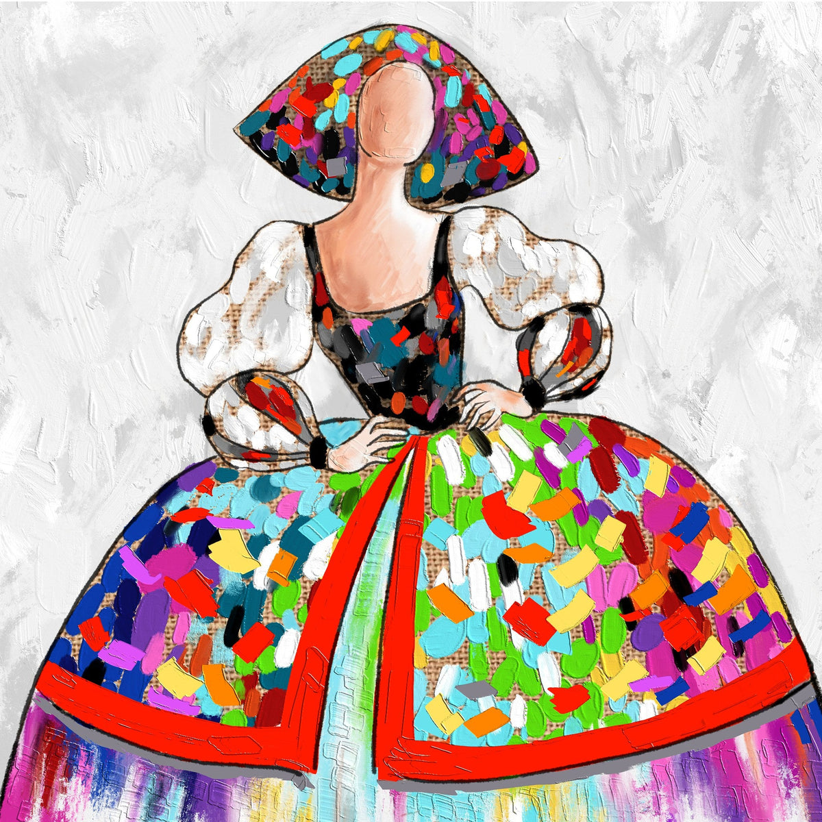 Cuadro de menina colorido con arpillera - la obra