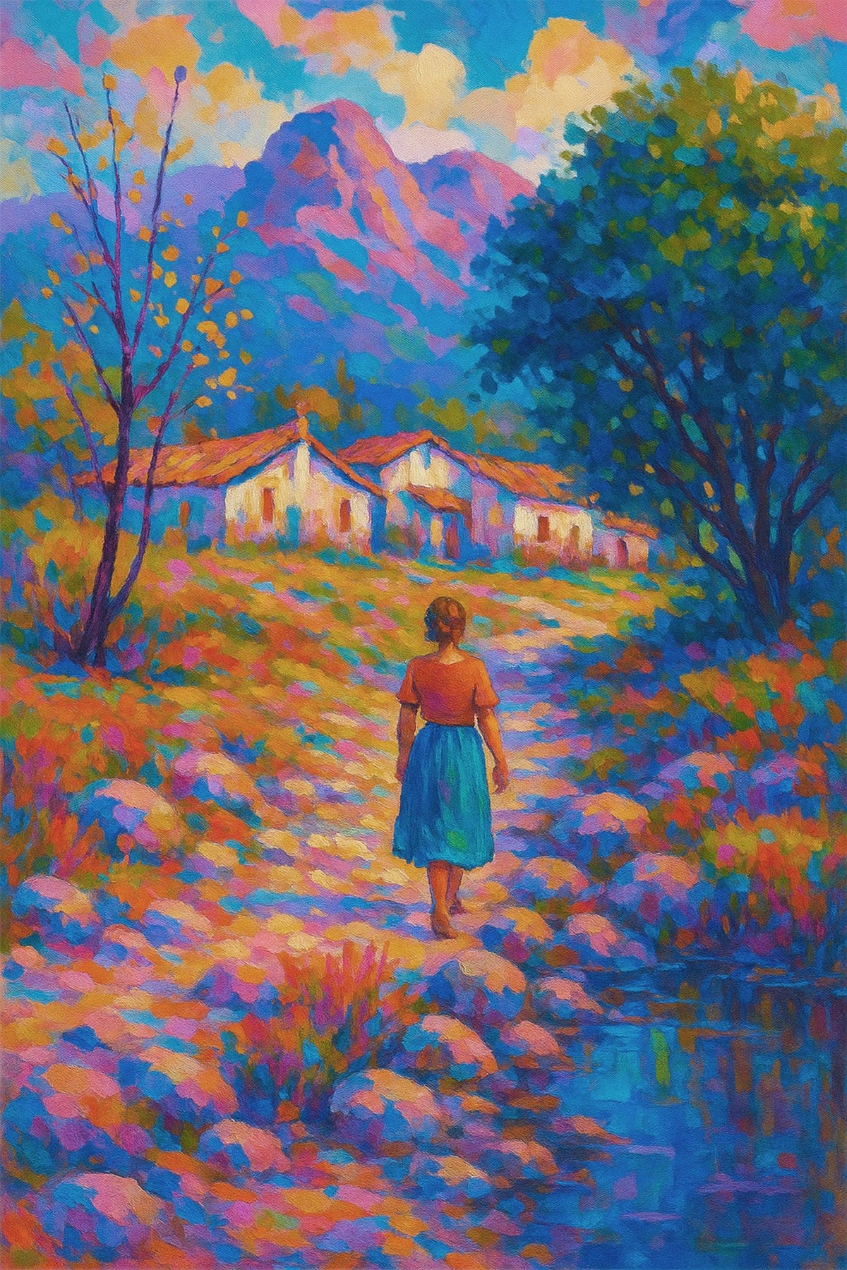 Cuadro de paisaje campestre colorido - la obra
